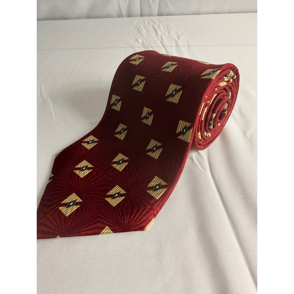 Etienne Aigner Silk Necktie OS Burgundy Geometric Diamond Sunburst Woven Wide